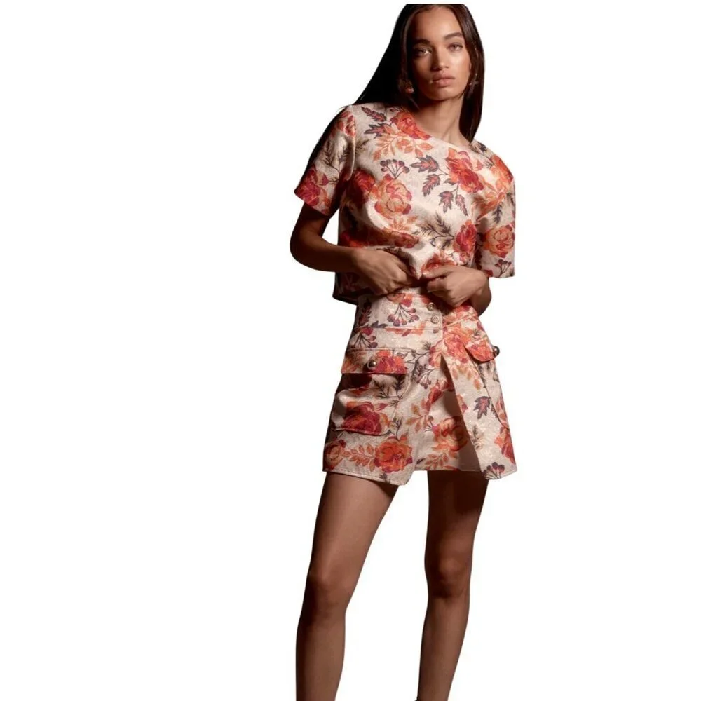 Le Superbe Floral High-Waist Mini Skirt Satin Lined Size 2 Cotton Blend $345 NWT